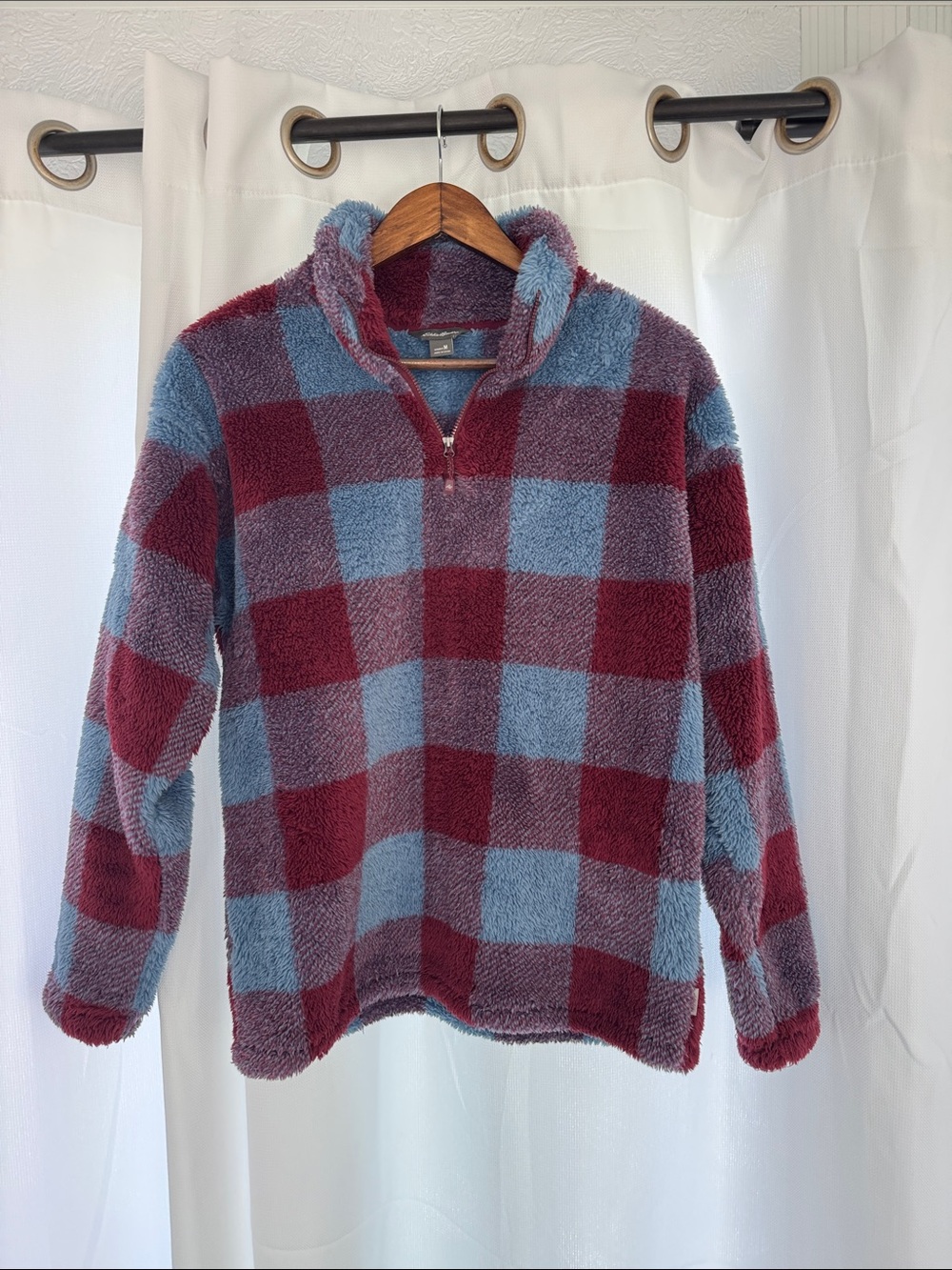 Eddie Bauer Plush Buffalo Check Quarter-Zip Pullover - Blue & Burgundy